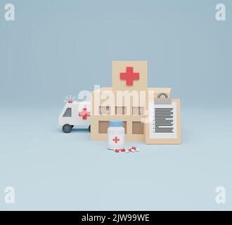 Emergenza isometrica con apparecchiatura medica 3D rendering, farmaci sanitari e pillole isometriche. Foto Stock