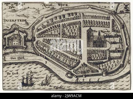 Mappa di Wijk bij Duurstede e del Reno da sud-est; con la rappresentazione del modello della strada con gli edifici stilizzati e le mura della città con i bastioni; con il Kasteel Duurstede sulla sinistra. Foto Stock