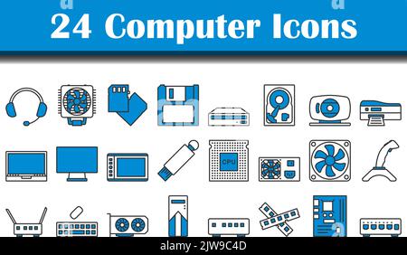Insieme di icone del computer. Contorno grassetto modificabile con disegno riempimento colore. Illustrazione vettoriale. Illustrazione Vettoriale