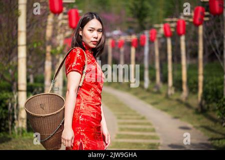 asian lady ritratto rilassarsi in stile cinese a lungo vestito o vietnam accessori contemporanei felice sul luogo mattina Foto Stock