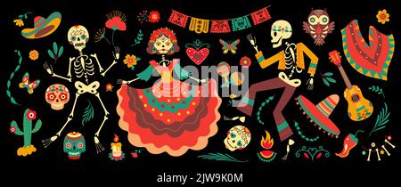 Elementi del festival Day of Dead mexico. Teschi di zucchero messicani e scheletri danzanti in abiti e fiori tradizionali. Vettore dia de los muertos Illustrazione Vettoriale