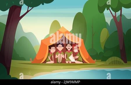 Scout in tenda. I ranger adolescenti sopravvivono nel gruppo degli scout di wildwood che siede in tenda swanky sfondo di cartoni animati vettoriali Illustrazione Vettoriale