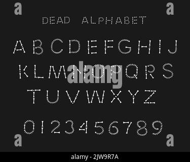 Alfabeto e numeri fatti di silhouettes ossa su uno sfondo nero. Stile disegno a mano Illustrazione Vettoriale
