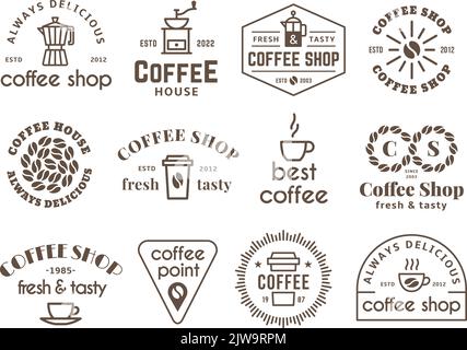 Etichette per bar. Qualità sapori stemmi. Caffè con bevande calde simbolo con fagioli e tazze. Logo rotondo e badge, espresso arabica Tidy Vector Illustrazione Vettoriale