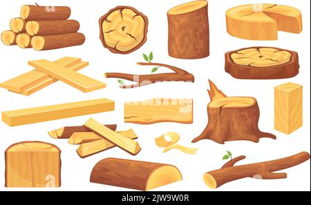 Cartoni impilati. Tronco di legno albero di taglio legno legname materiali, taglio legno tronchi pezzo tronchi alberi ceppo asse legno duro costruzione materiale set vettore pulito illustrazione del tronco legname Illustrazione Vettoriale