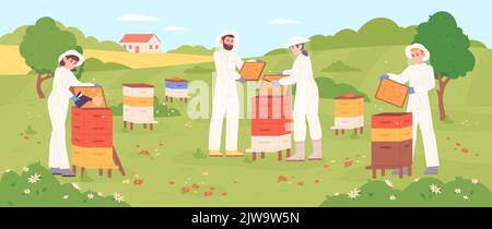 Lavoratori apiari. Apicoltura giardino, cura apicoltore produzione miele api, persone che lavorano keepe fattoria api polline cera d'api campagna paesaggio natura, vettore illustrazione. Miele di apicoltura e apiario Illustrazione Vettoriale