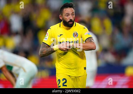 Jose Luis Morales di Villarreal CF celebra il suo obiettivo durante la partita la Liga tra Villarreal CF e Elche CF giocata allo stadio Ciutat de Valencia il 04 settembre 2022 a Valencia, Spagna. (Foto di Sergio Ruiz / PRESSIN) Foto Stock