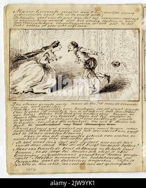 Immagine di una pagina con un disegno di una scena dell'opera Euryanthe di Carl Maria von Weber, eseguita il 25 marzo 1861 nell'Utrechtse Schouwburg, con commenti. Foto Stock