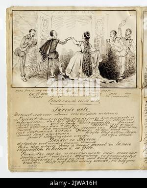 Immagine di una pagina con un disegno di una scena dell'opera Euryanthe di Carl Maria von Weber, eseguita il 25 marzo 1861 nell'Utrechtse Schouwburg, con commenti. Foto Stock