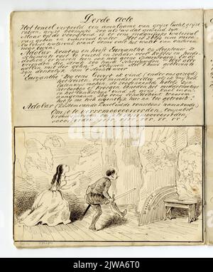 Immagine di una pagina con un disegno di una scena dell'opera Euryanthe di Carl Maria von Weber, eseguita il 25 marzo 1861 nell'Utrechtse Schouwburg, con commenti. Foto Stock