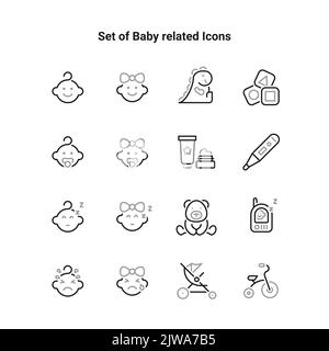 Semplice insieme di circa bambino relativo icone di linea vettoriale. Contiene icone come il bambino, la salute, triciclo. Illustrazione Vettoriale