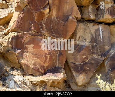 Arte rupestre dei petroglifi in Legend Rock state Archaeological Site, Wyoming - pannelli in arenaria intagliata con figure animali antropomorfe e zoomorfe Foto Stock