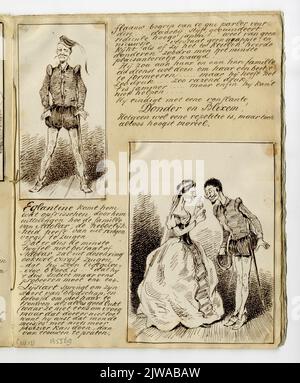 Immagine di una pagina con due disegni di personaggi dell'opera Euryanthe di Carl Maria von Weber, eseguita il 25 marzo 1861 nell'Utrechtse Schouwburg, con commenti. Foto Stock