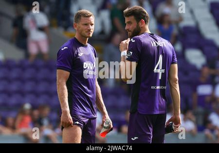 Jan Vertonghen di Anderlecht e Wesley Hoedt di Anderlecht, foto dopo una partita di calcio tra RSCA Anderlecht e OH Leuven, domenica 04 settembre 2022 ad Anderlecht, il giorno 7 della prima divisione del campionato belga della 'Jupiler Pro League' 2022-2023. BELGA PHOTO VIRGINIE LEFOUR Foto Stock