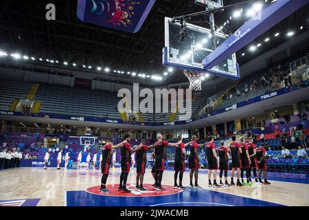 I giocatori belgi raffigurati prima della partita tra la Spagna e i Lions belgi, giocate tre dei cinque nel gruppo A all'EuroBasket 2022, domenica 04 settembre 2022, al Palazzo dello Sport di Tbilisi, a Tbilisi, Georgia. Il Campionato europeo di pallacanestro si svolge dal 1 settembre al 18 settembre. FOTO DI BELGA NIKOLA KRSTIC Foto Stock