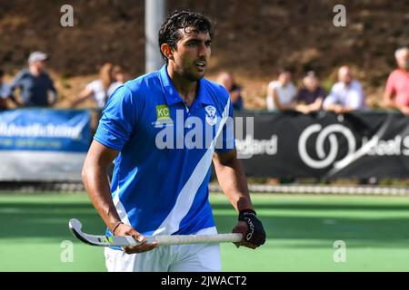 04 Juan Ignacio Zirpel Olivares Juan Amoroso di Uccle ha ritratto durante una partita di hockey tra Racing e Uccle Sport, domenica 4 settembre a Waterloo, il giorno 1 della stagione belga della lega di hockey maschile 2022-2023. FOTO DI BELGA JILL DELSAUX Foto Stock