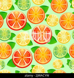 Motivo luminoso senza cuciture con freschi Citrus per tessuti, etichette da disegno, stampa su t-shirt, carta da parati della stanza dei bambini. Fettine di limone, lime, arancia, c Illustrazione Vettoriale