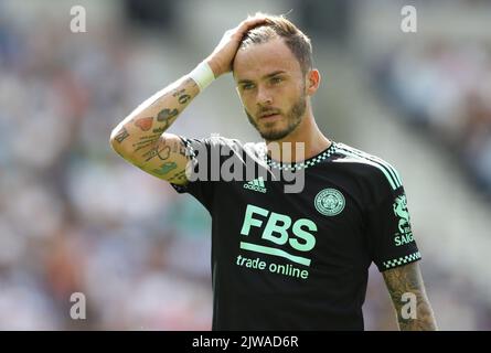 Brighton e Hove, Regno Unito. 4th Set, 2022. James Maddison di Leicester City durante la partita della Premier League presso l'AMEX Stadium, Brighton e Hove. Il credito dell'immagine dovrebbe essere: Paul Terry/Sportimage Credit: Sportimage/Alamy Live News Foto Stock