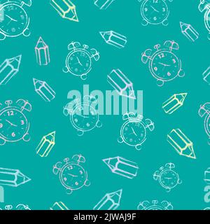 Modello senza cuciture disegnato a mano a scuola. Matite e sfondo sveglia. Illustrazione Vettoriale