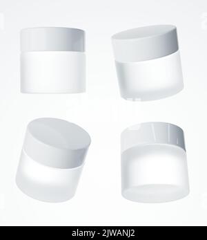 Quattro diverse viste di vetro smerigliato vaso di crema con tappo in plastica, 3D rendono il confezionamento di prodotti cosmetici isolato su sfondo bianco Foto Stock