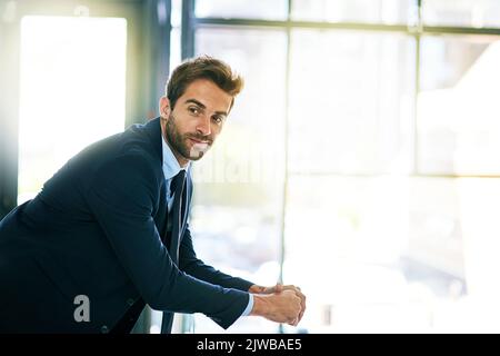 Impegnato nella vita aziendale, un bel giovane uomo d'affari nel suo ufficio. Foto Stock