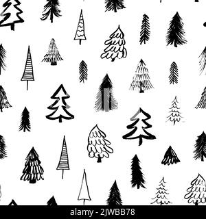 Modello senza cuciture con alberi di Natale disegnati a mano. Illustrazione Vettoriale