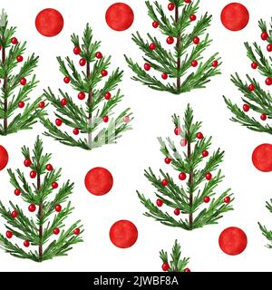 Acquerello disegnato a mano modello senza cuciture con alberi di Natale. Festa di nuovo anno decorazione di benvenuto dicembre, nordica scandinava tradizionale carta stampa da imballaggio, verde pineta di abete rosso Foto Stock