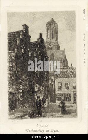 Vista della parete laterale della casa dietro St.-Pieter 14 a Utrecht con la torre del Duomo sullo sfondo. Foto Stock