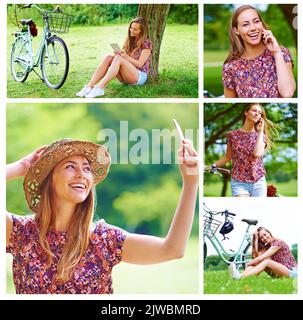 Madre natura è calling...Composite immagine di una giovane donna attraente relax nel parco. Foto Stock