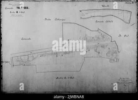 Mappa catastale (piano dei minuti) del comune di Tolsteeg, sezione A, prima rivista con i confini della proprietà fondiaria e i relativi numeri di trama nella zona intorno al Vaartsche Rijn, a circa dal Kromme Rijn al Hoogravensedjk. Foto Stock