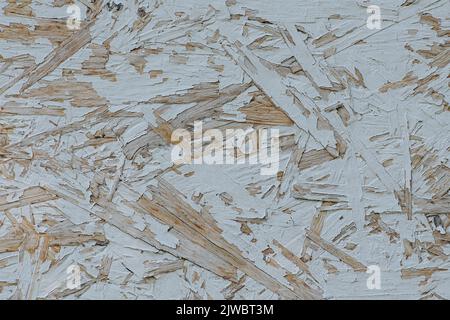 Legno compensato verniciato bianco OSB struttura in trucioli di legno. Primo piano. Vernice parzialmente mancante. Foto Stock