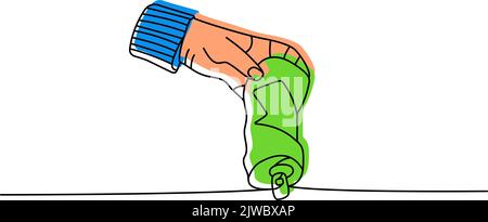 Mano dell'uomo che lancia una bevanda può una linea colorata disegno continuo. Gettare nel cestino continuo una linea illustrazione colorata. Illustrazione Vettoriale