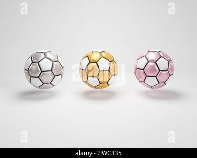 Set di palline da calcio colorate su sfondo bianco. Rendering 3D. Design da calcio colorato. Foto Stock