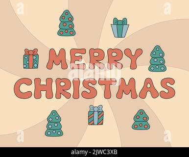Buon Natale groovy biglietto d'auguri. Testo in stile 60s 70s. Retro Merry Natale scritta su sfondo astratto. Doodle cartoni animati alberi e doni de Illustrazione Vettoriale