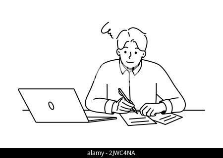 Un giovane seduto alla scrivania che lavora sul computer portatile e che prende appunti su carta. Tipo che studia in linea sulla scrittura del calcolatore nel taccuino. Istruzione e lavoro remoto. Illustrazione vettoriale. Illustrazione Vettoriale