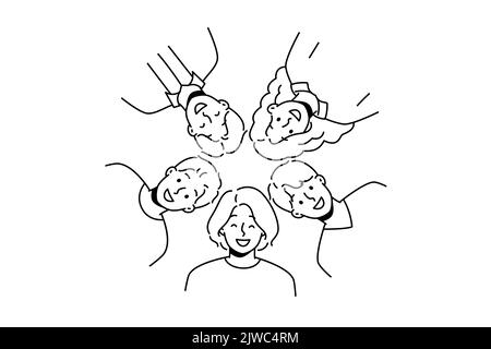 Ritratto di amici diversi sorridenti che si posano insieme in cerchio. L'immagine di gruppo di persone multirazziali felici mostra unità e amicizia. Illustrazione vettoriale. Illustrazione Vettoriale