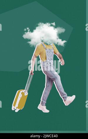 Collage fotografico verticale creativo di nuvola di uomo invece di testa andare a volo di lavoro all'estero isolato su sfondo giallo Foto Stock