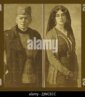 Vecchi ritratti di Claude Askew (1865 – 1917) e sua moglie Alice (1874 – 1917) nee Leake, (entrambi autori prolifici). Si recò in Serbia con il primo ospedale da campo britannico nella prima guerra mondiale e divenne un maggiore onorario delle forze resistenti serbe. In precedenza erano stati entrambi coinvolti con il Munro Ambulance Corps a Furnes in Belgio. --- Stari portreti Kloda Askeua (1865 – 1917) i njegove supruge Alise (1874 – 1917) Nee Leake, (oba plodna autora). Otišao je u Srbiju sa prvom britanskom terenskom bolnicom u Prvom svetskom ratu. Foto Stock