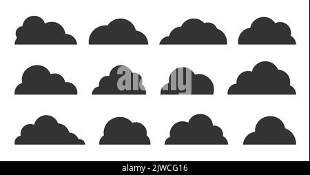 Astratto nero nuvole piatte icona set isolato su bianco. Forme diverse lanugine icone raccolta di simboli. Banner web meteorologia climatica, database Illustrazione Vettoriale