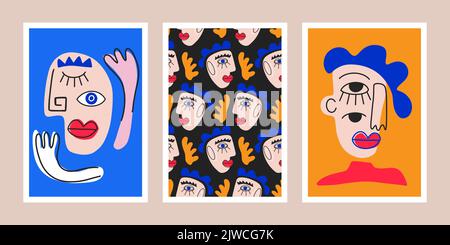 Surrealistic Abstract Donna faccia Posters Set Illustrazione Vettoriale