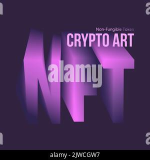 Abbreviazione viola testo NFT di un'illustrazione 3D non fungibile token crypto art su sfondo nero. Criptovaluta vettoriale Illustrazione Vettoriale