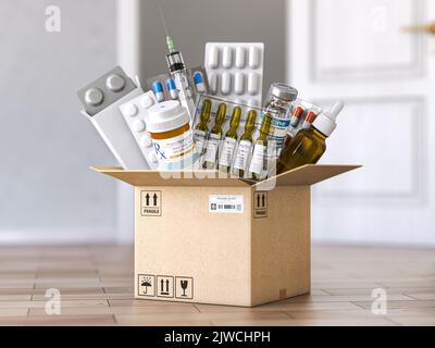 Aprire scatola di cartone con farmaci e farmaci sanitari. Concetto di acquisto e consegna dei farmaci. illustrazione 3d Foto Stock