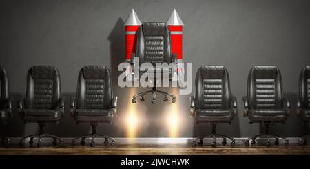Sedia da ufficio volante con razzo che brucia in fila. Concetto di leadership, reclutamento e opportunità di carriera. illustrazione 3d Foto Stock