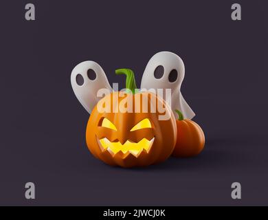 Semplice halloween cartoon zucca jack con fantasmi 3D rendere illusione. Oggetto isolato su sfondo scuro Foto Stock