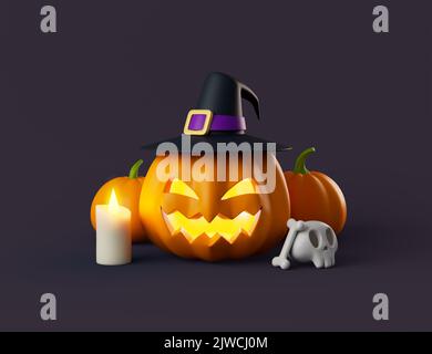 Semplici zucche cartoni animati di Halloween con candela, cranio e osso 3D fanno illusione. Oggetto isolato su sfondo scuro Foto Stock
