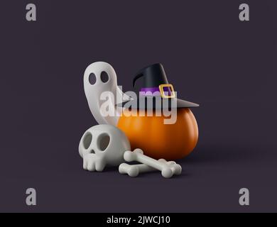 La semplice zucca di cartoni animati di Halloween in cappello di strega con fantasma e cranio 3D fanno illusione. Oggetto isolato su sfondo scuro Foto Stock