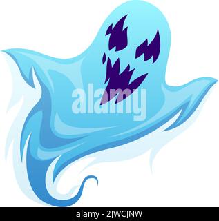 Carattere fantasma. Halloween spaventoso mostro spettrale, fantasma spooks, semplice oggetto isolato, decorazione festa horror, silhouette blu volante con volto malvagio Illustrazione Vettoriale