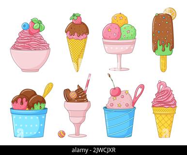 Set di gelato al doodle colorato con cartoni animati. Collezione di diversi tipi di gelato. Delizioso dessert congelato disegnato a mano. Cibo dolce estivo luminoso. Co Illustrazione Vettoriale