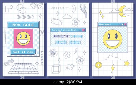 Vaporwave retro Template Social Media Stories. Finestre di dialogo e pulsanti di vecchio PC Aesthetic. Modello post UI retro. Fantastico negozio di social media vintage del 90s Illustrazione Vettoriale