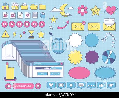 Set di adesivi e elementi nostalgici retro computer ui. Icone dell'interfaccia utente del vecchio PC 90s con un profilo. Finestra bloccata, caricamento, pulsanti, cartelle, a Illustrazione Vettoriale